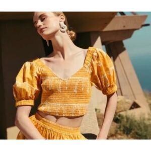 Cleobella Everly V-Neck Puff Sleeve Crop Top Size Medium NWT Coastal Boho